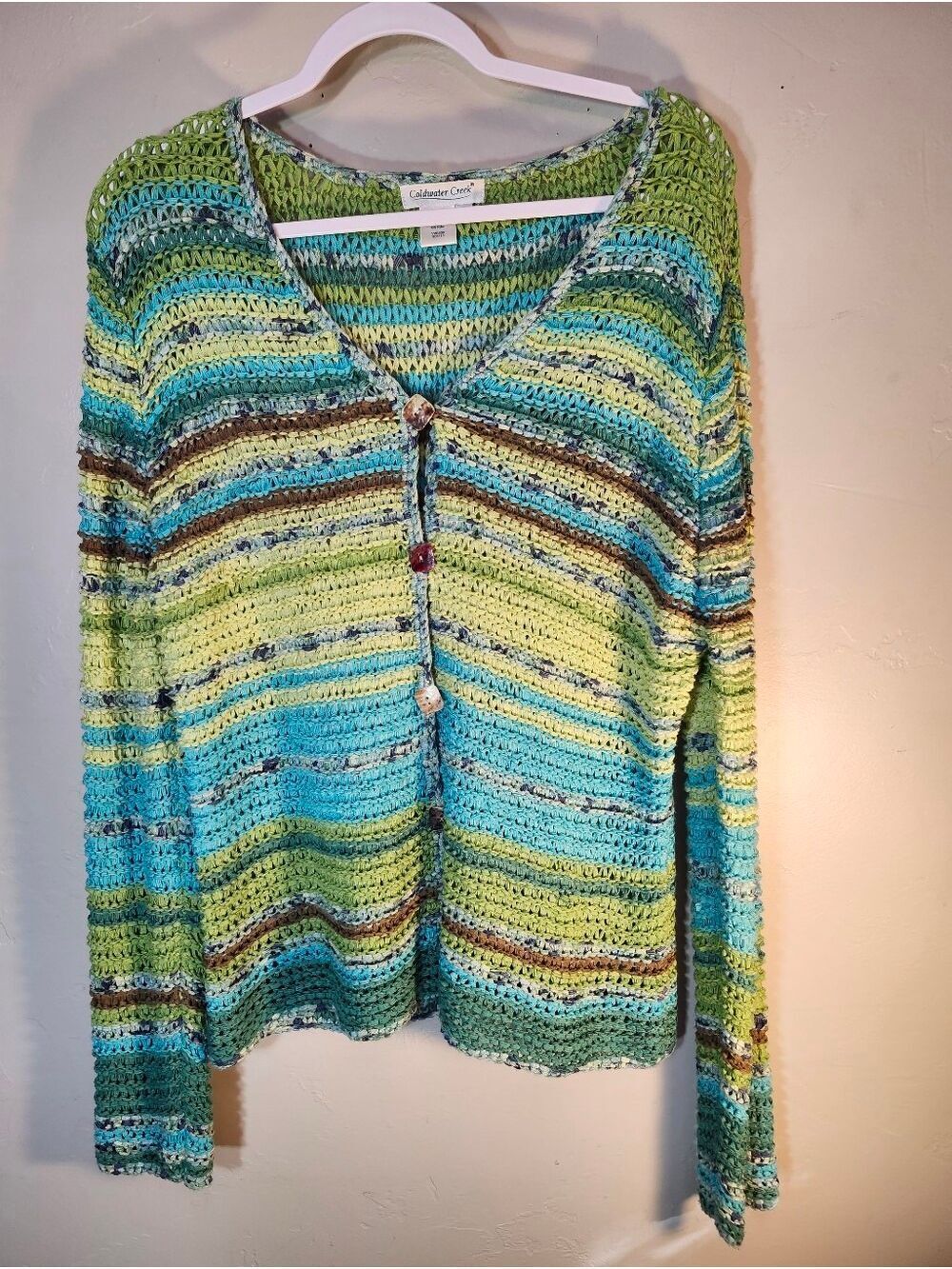 Coldwater Creek Multicolor Striped Open-Weave V-Neck Cardigan